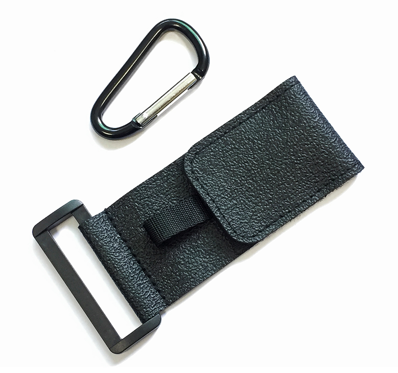 Black releasable baby stroller hook with strap