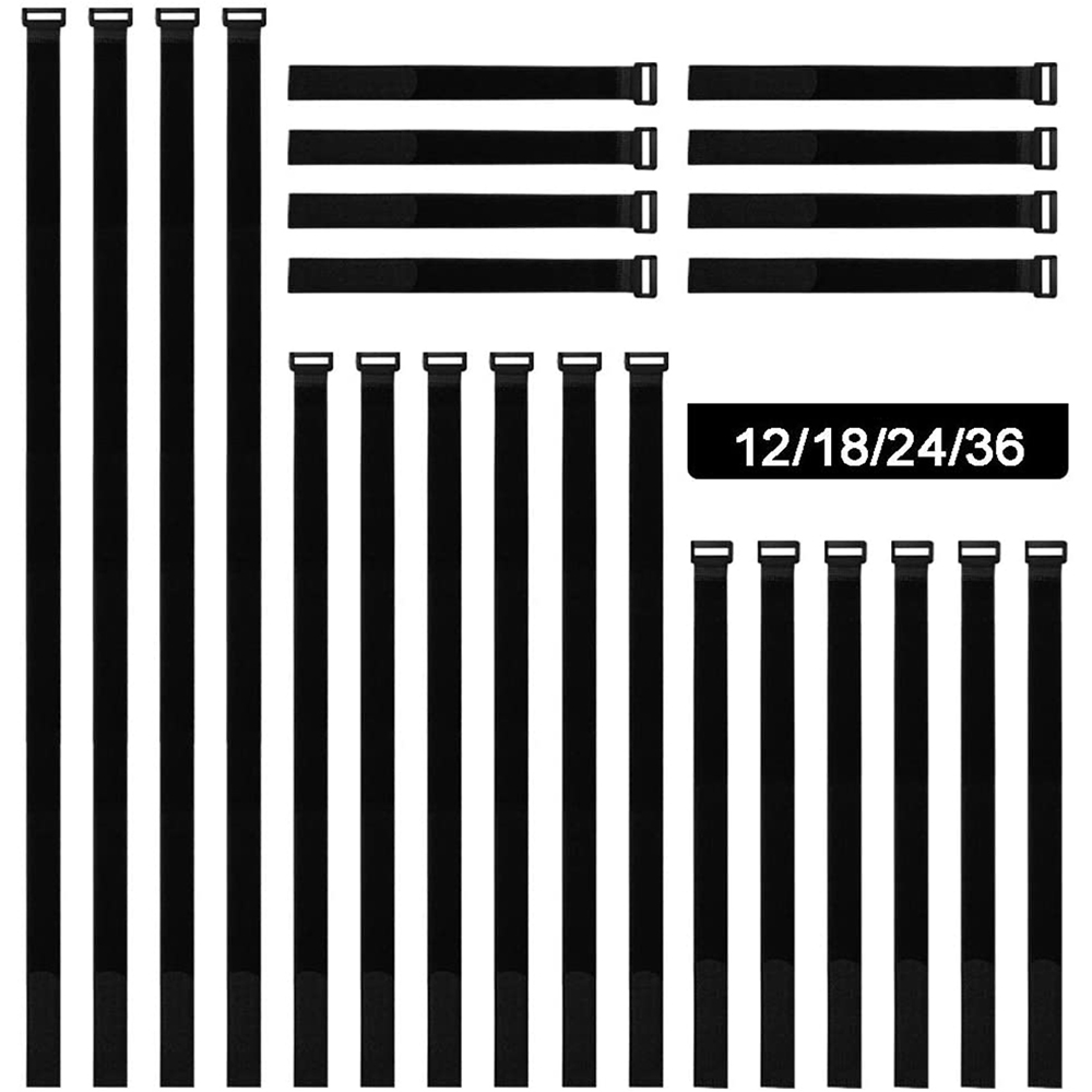Black Hook and Loop Reusable Cable Tie Down Straps Wrap around cords Wire Organizer Straps